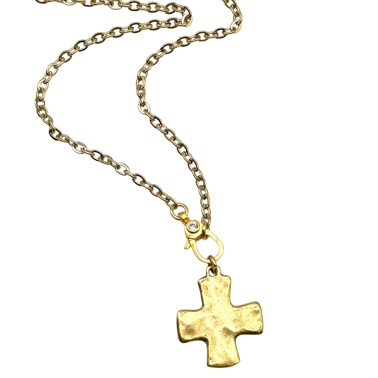 Hand cast cross necklace with crystal accent clasp: Gold / 18”