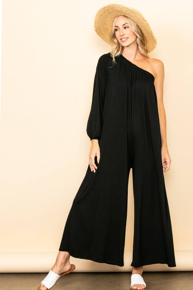 One Shoulder Wide Legs Jumpsuit: Black