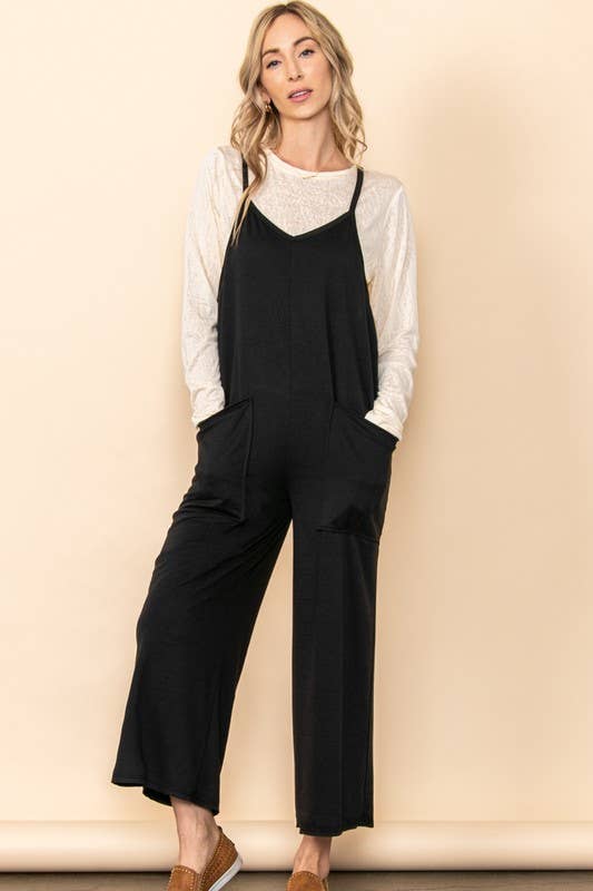 French Terry Front Pocket Overall Romper: Black