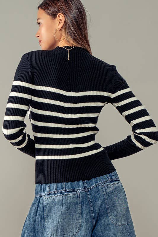 Directional Ribbing Striped Knit Top: BLACK