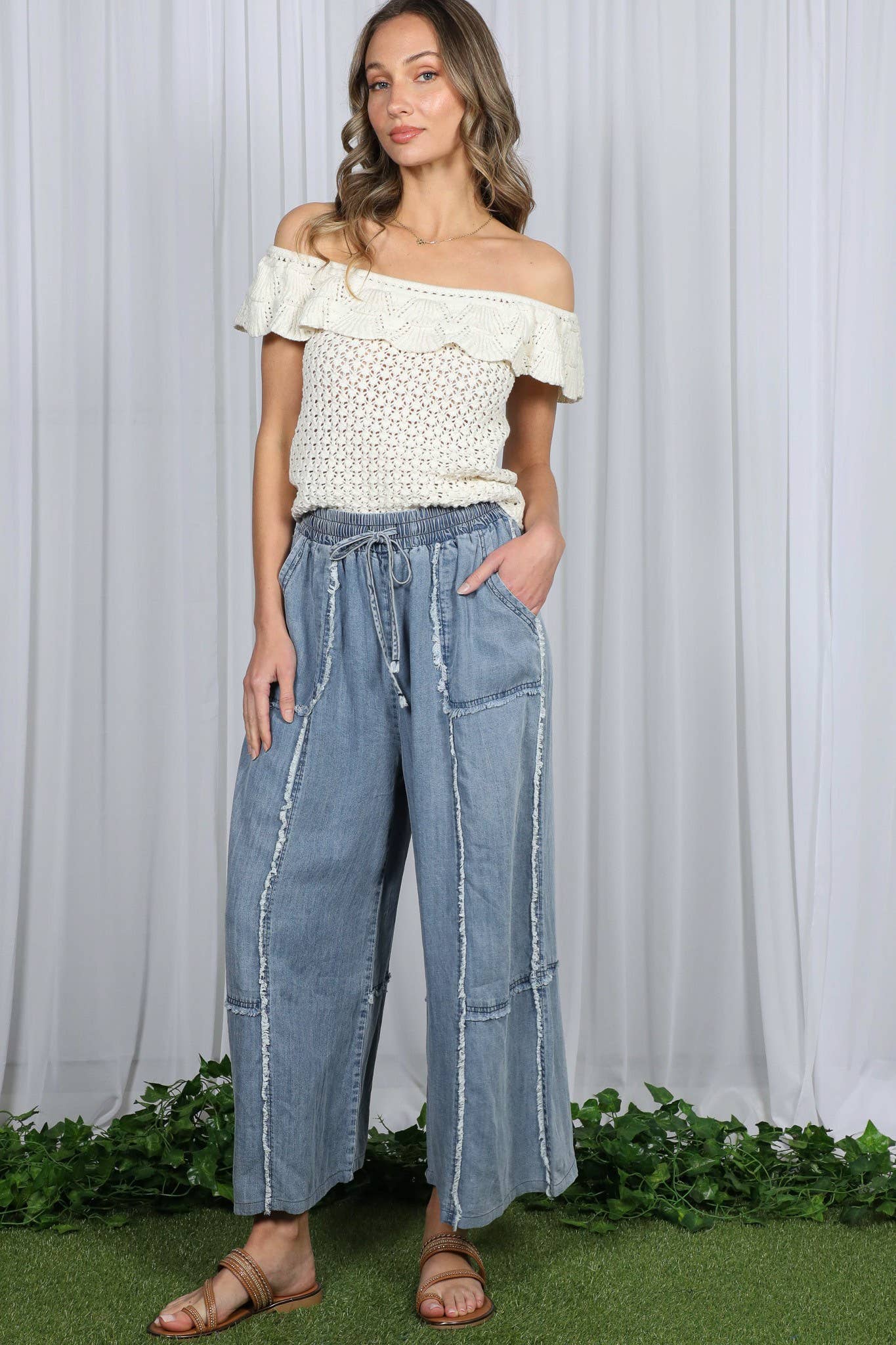 Frayed Tencel Chambray Palazzo Pants