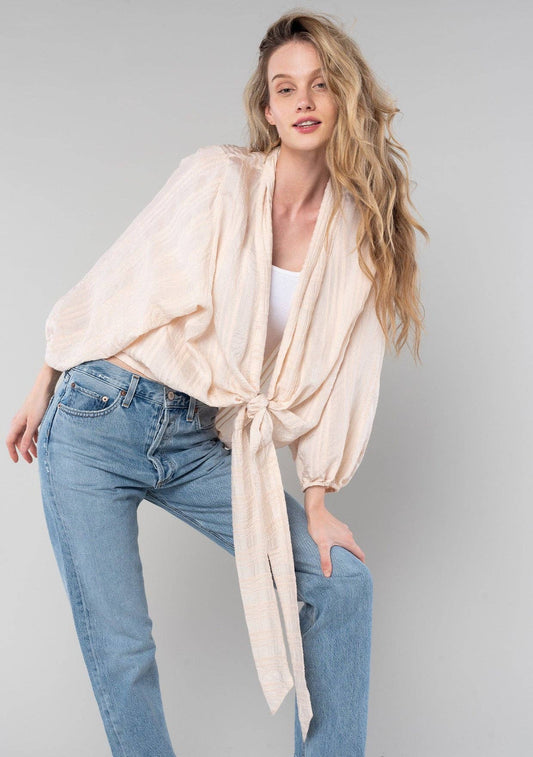 Stripe Textured Tie Front Kimono Top: Natural