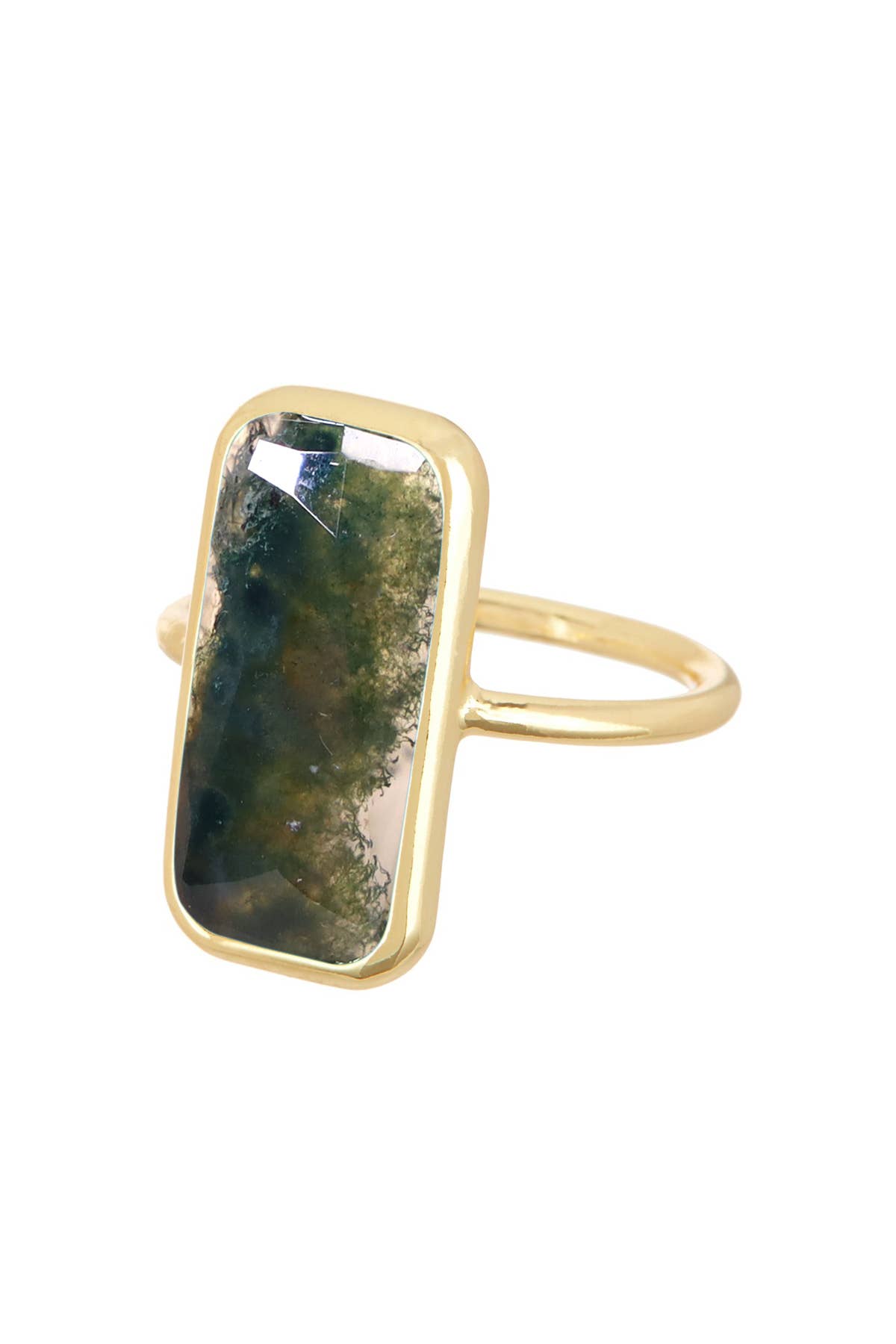 Moss Agate Rectangle Ring - Gold Plated