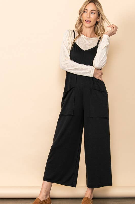 French Terry Front Pocket Overall Romper: Black