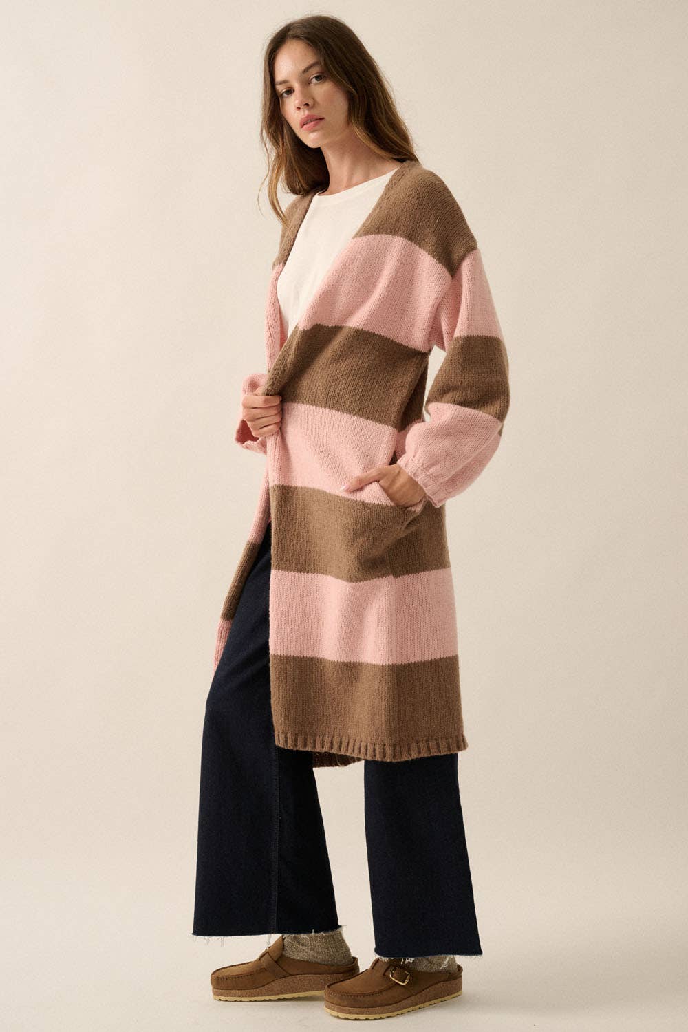 Striped Knit Open-Front Duster Pocket Cardigan: Pine-Starlight Blue