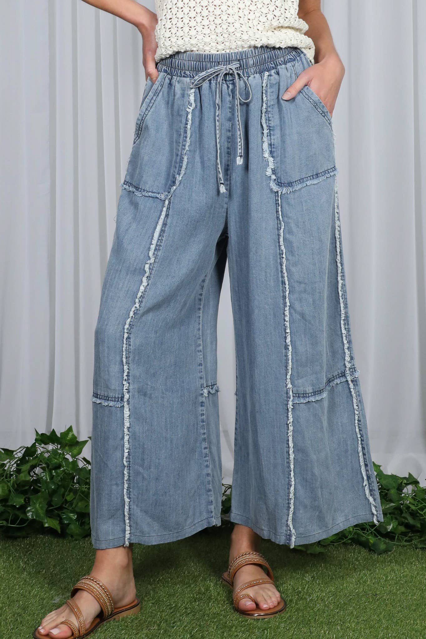 Frayed Tencel Chambray Palazzo Pants