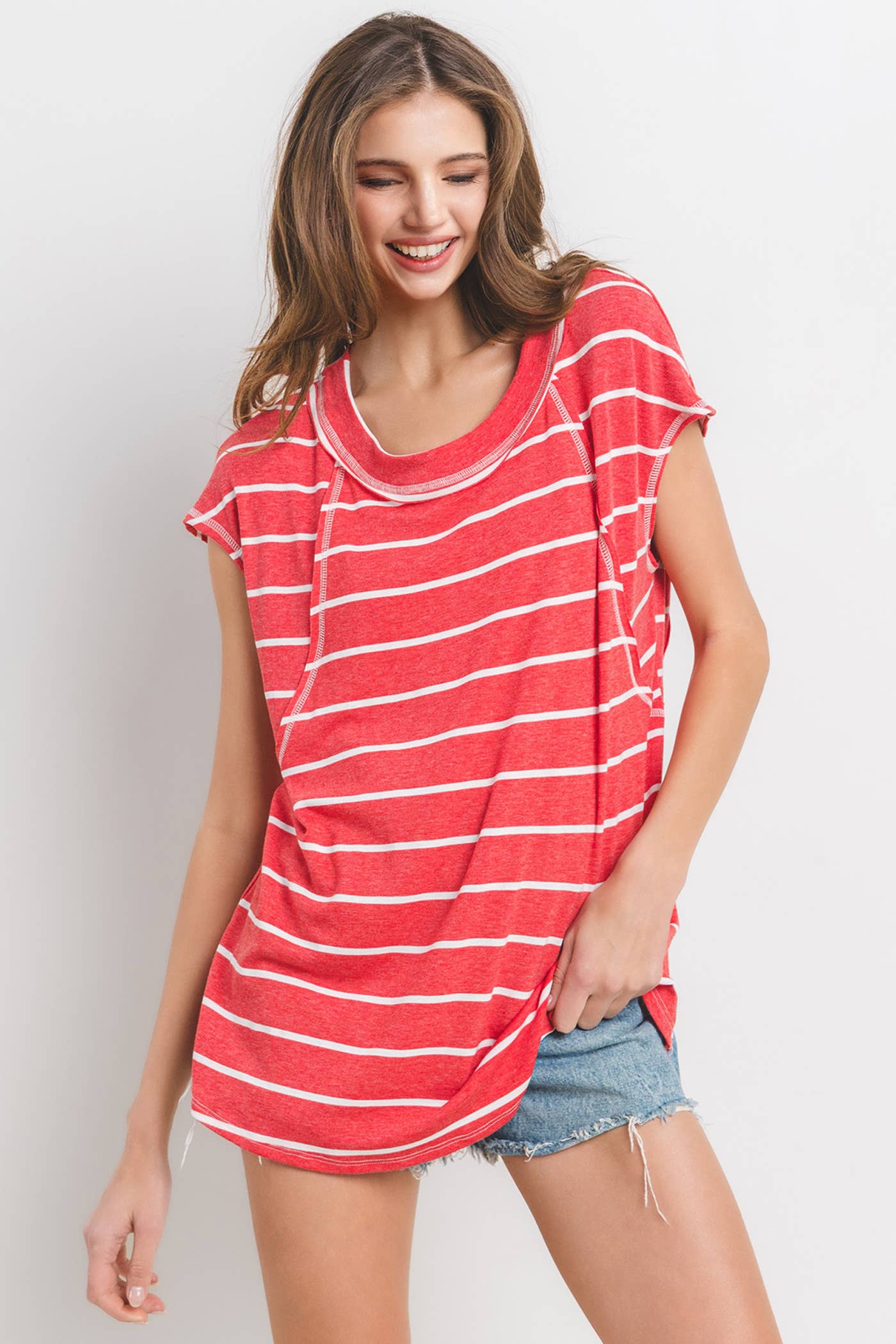 Striped Short Sleeve Knit Top / Red