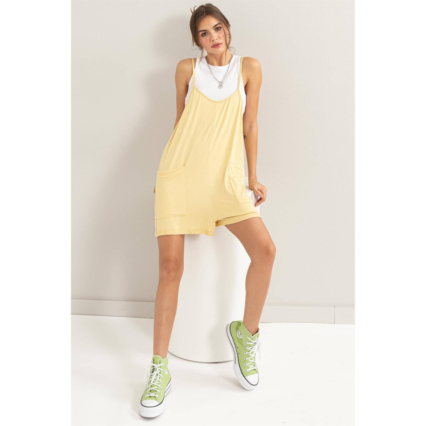 PATCH POCKET JERSEY ROMPER: PAMPAS YELLOW