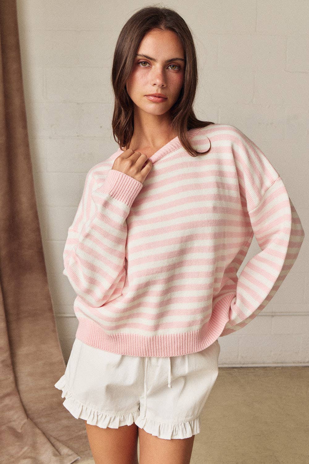 Striped Crewneck Sweater: Pink