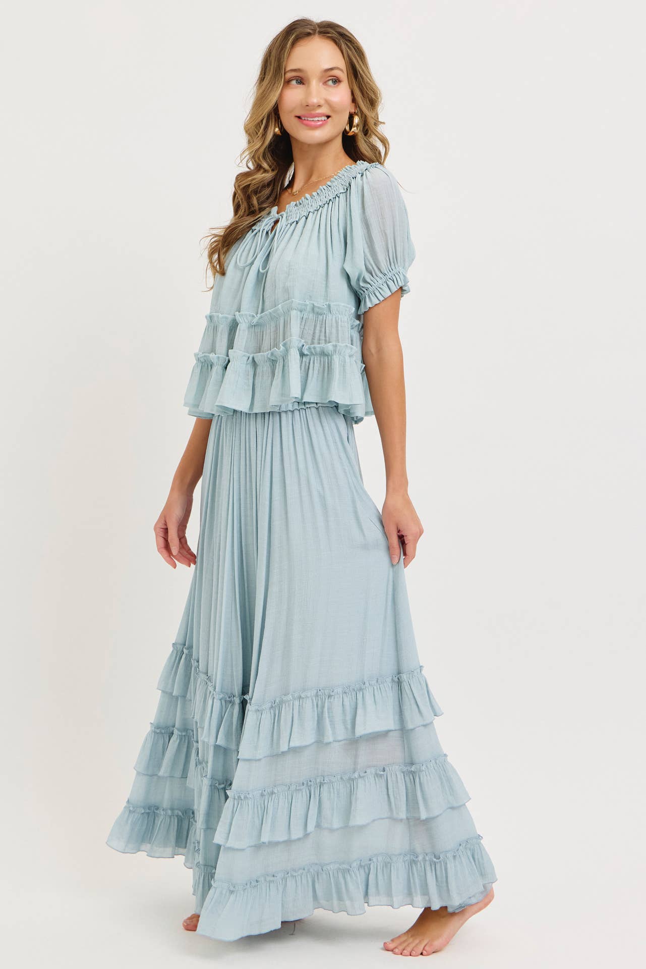 EASY FLOWY TIERED RUFFLE MAXI SKIRT SET: MISTY BLUE