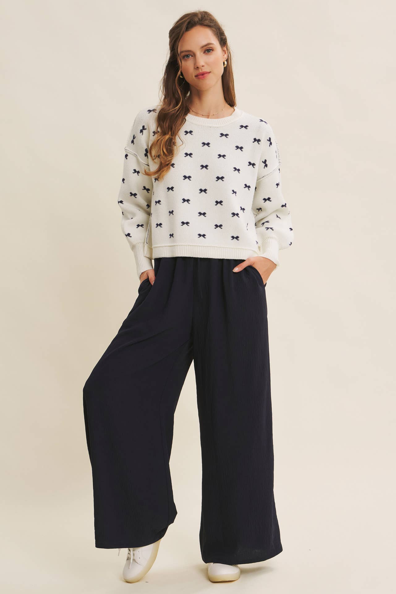 SOFT INVITATION RIBBON JACQUARD BALLOON SLEEVE SWEATER