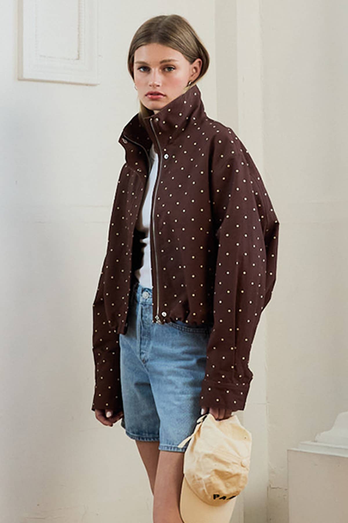 Polka Dot High Neck Drawstring Full Zip Jacket -BROWN DOT