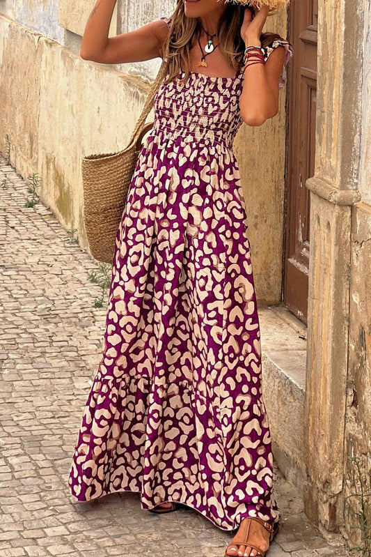 Leopard Ruffle Straps Maxi Dress: Plum