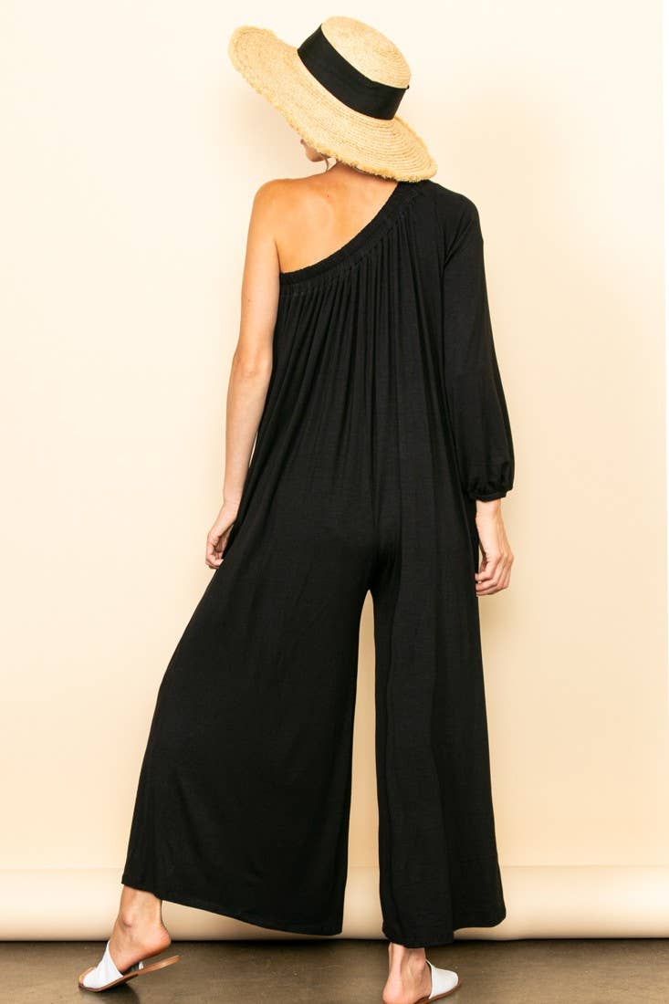 One Shoulder Wide Legs Jumpsuit: Black