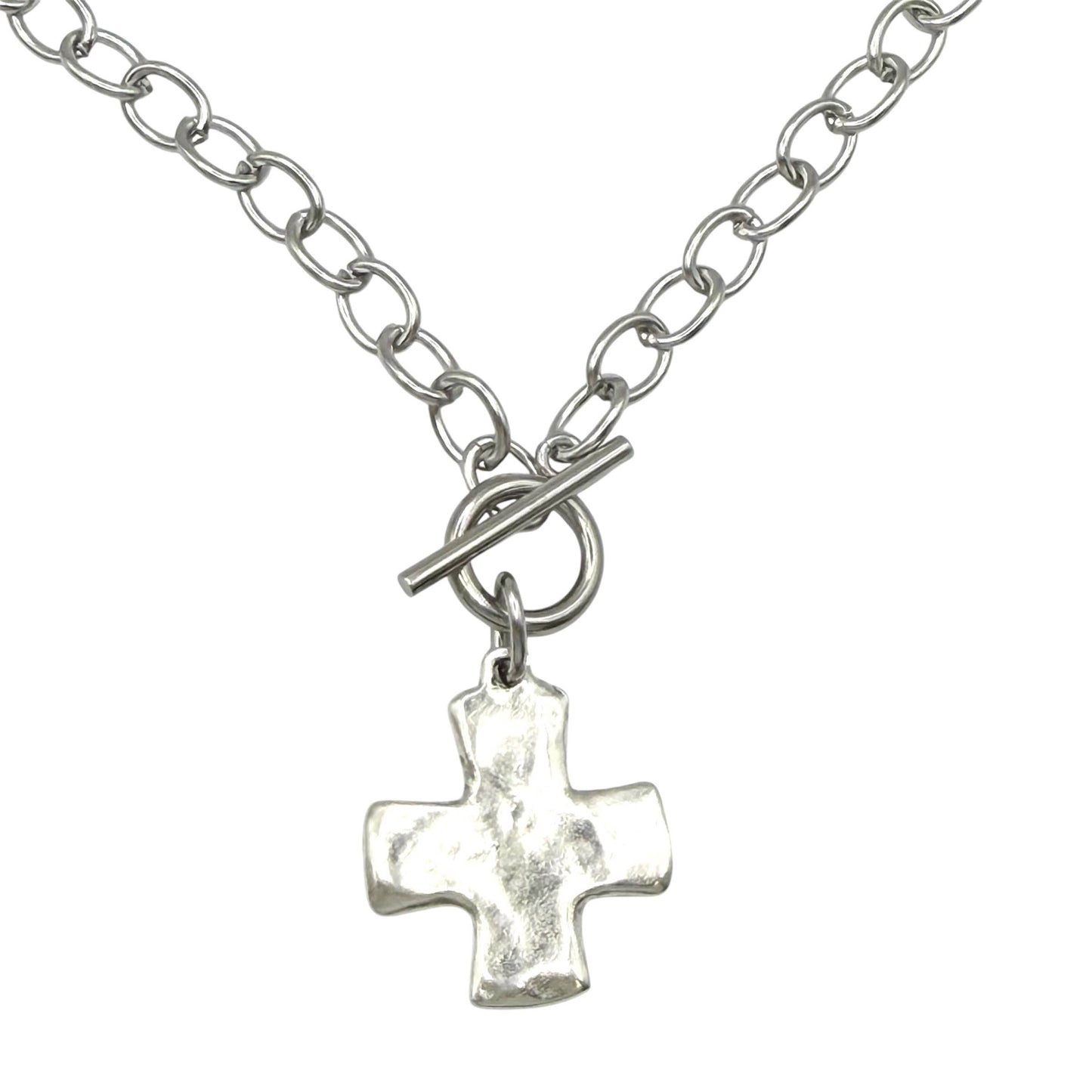 Stainless steel hammered cross necklace : Silver / 18”