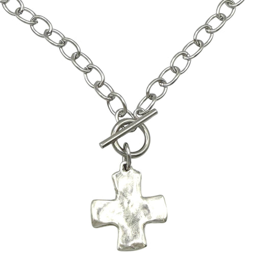 Stainless steel hammered cross necklace : Silver / 18”