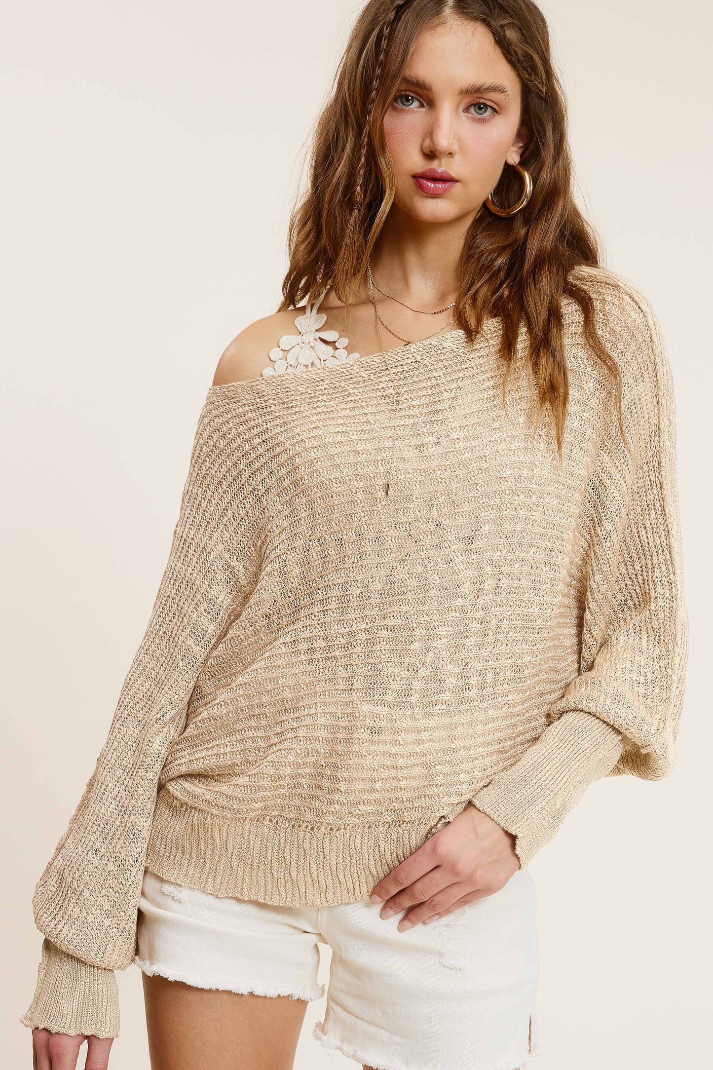 Lightweight Dolman Sleeve Boat Neck Sweater Top: Soy Latte