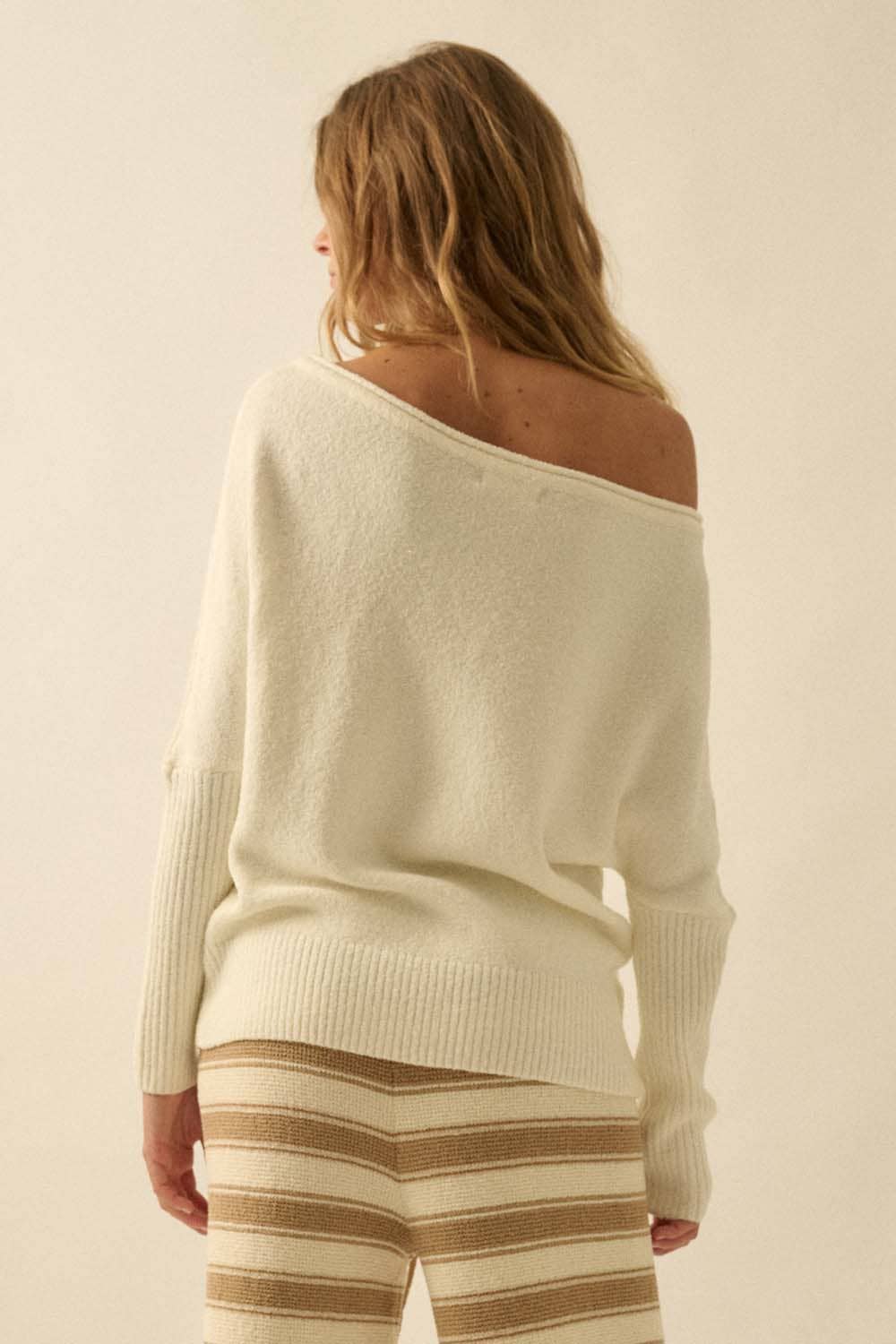 Textured Knit One-Shoulder Boatneck Dolman Sweater: Cream