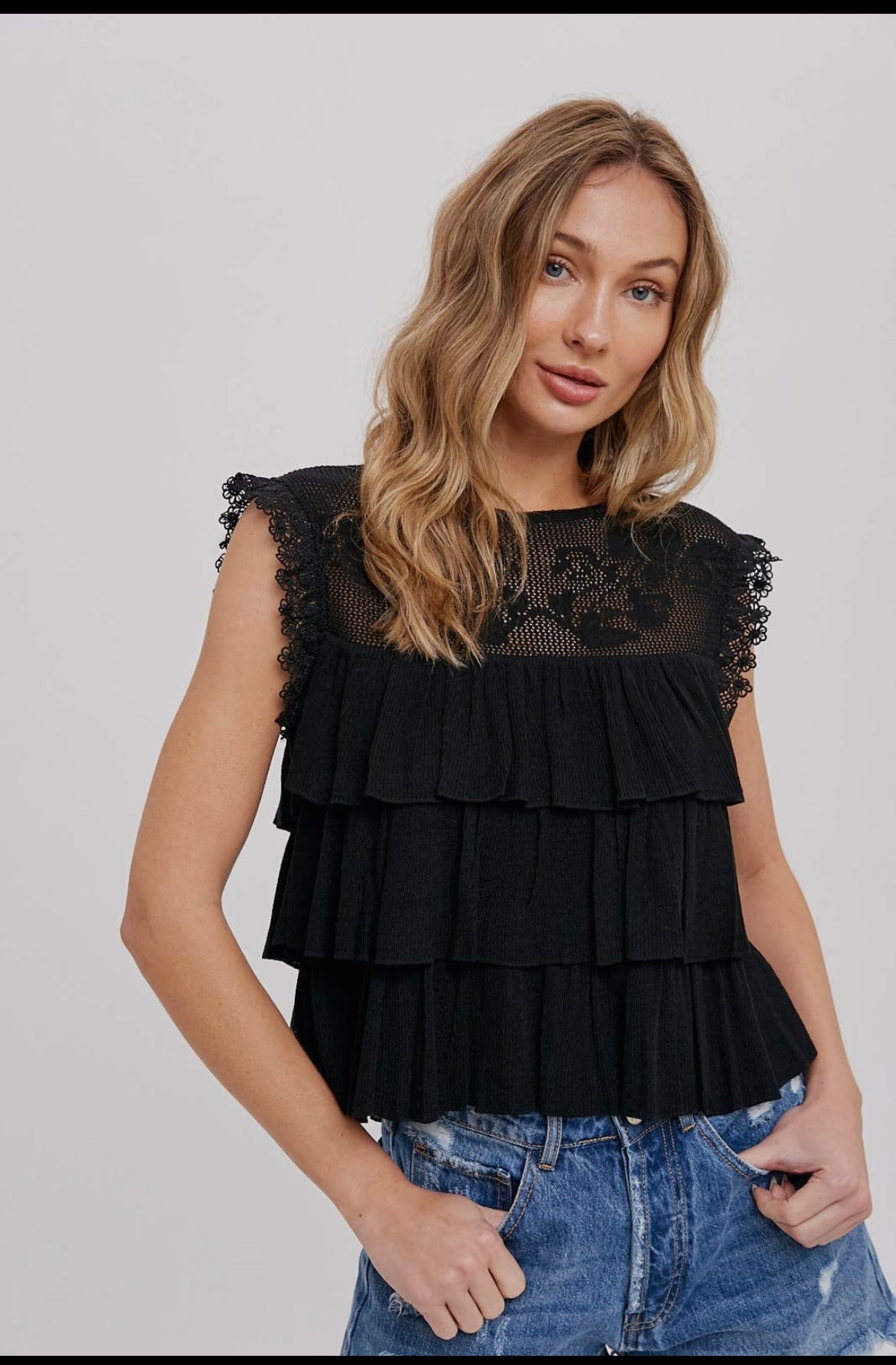 Tiered Ruffle Babydoll Top Black