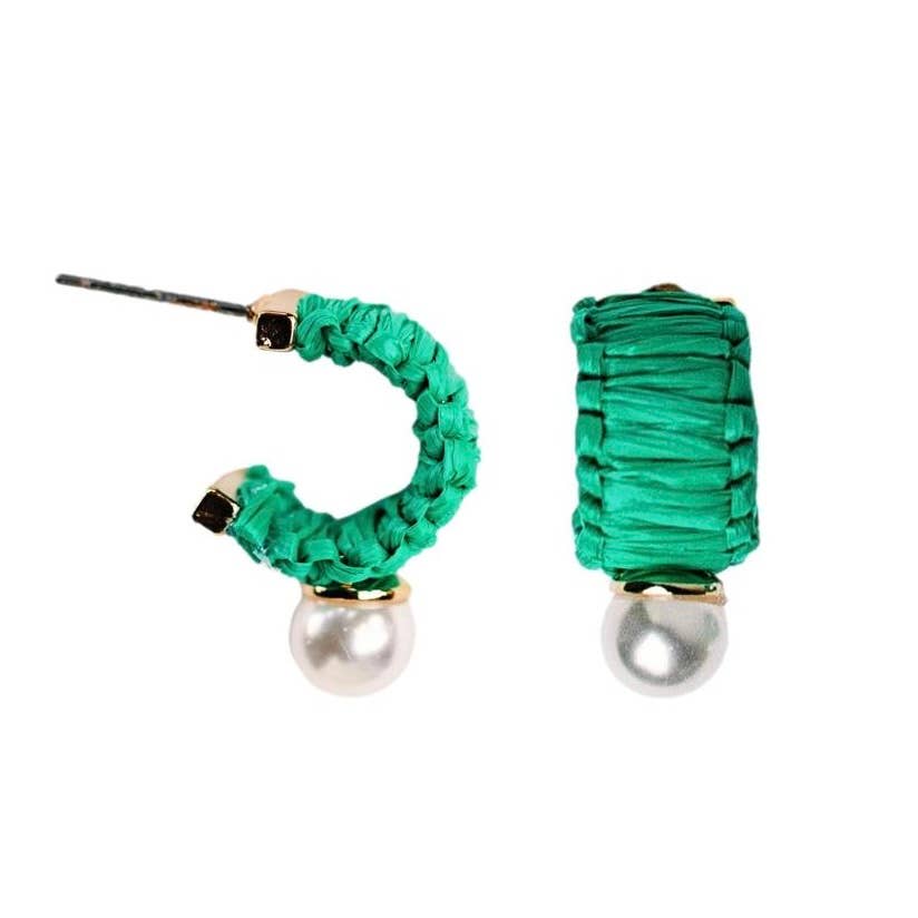 Green Raffia and Pearl Huggie Hoops