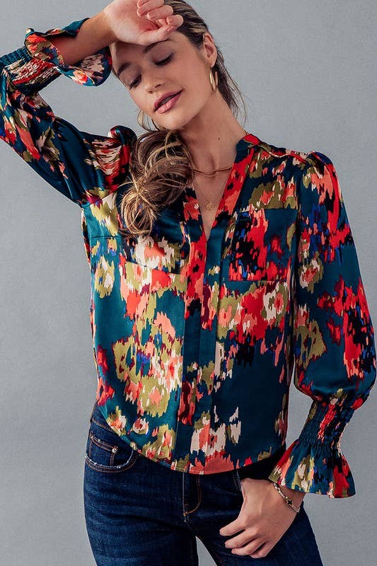 LONG SLEEVE SMOCKING DETAIL ANIMAL JACQUARD SATIN BLOUSE TOP