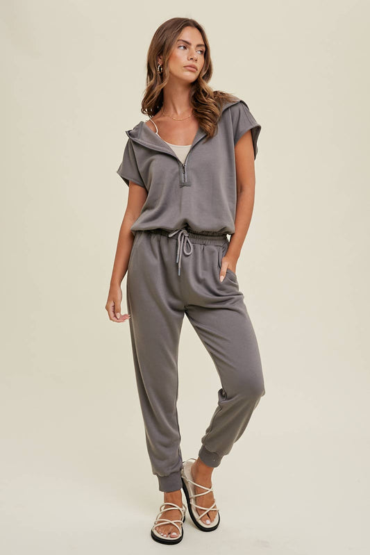 French Terry Hooded Jumpsuit - Charcoal