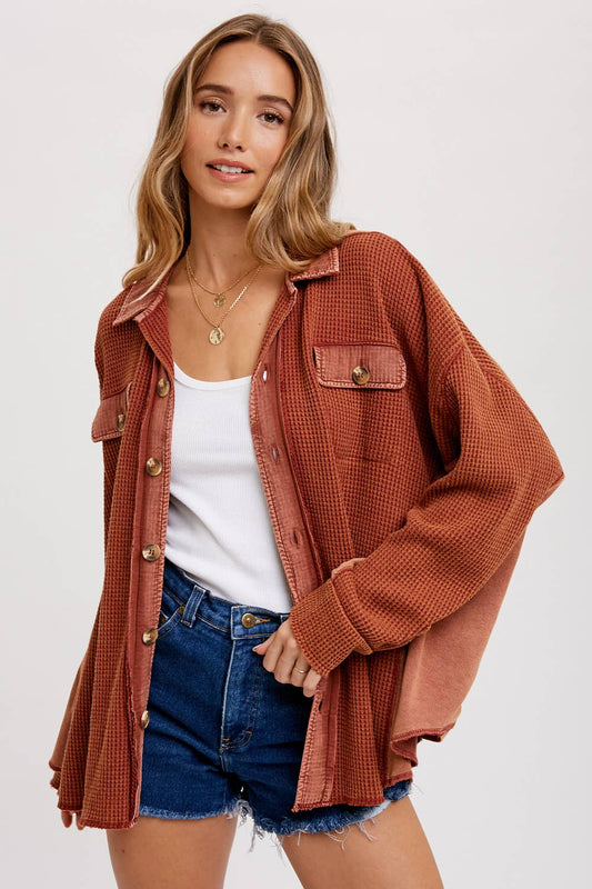 RUST SLOUCHY WAFFLE KNIT SHACKET