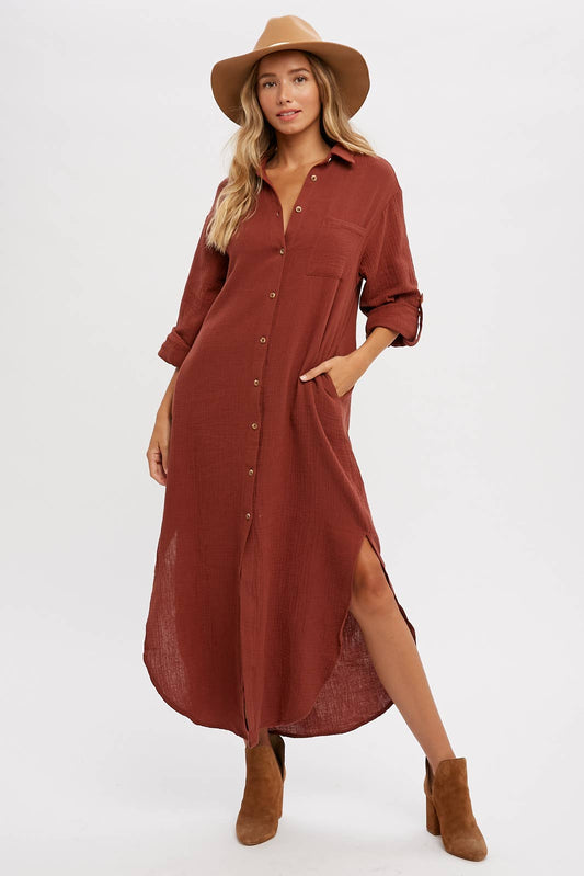 BRICK BUTTON UP MAXI SHIRT DRESS WITH POCKET