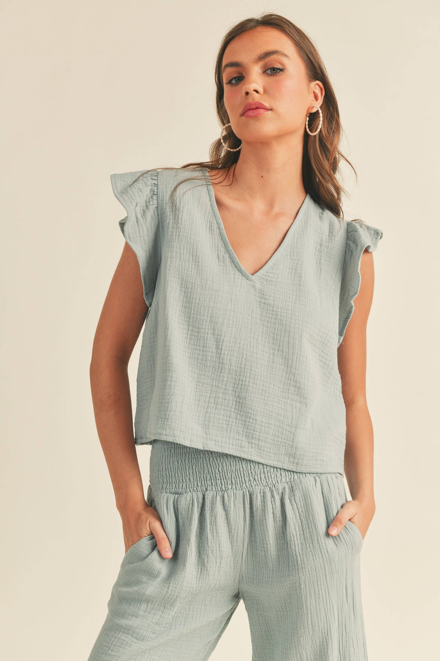 LIGHT BLUE DOUBLE GAUZE RUFFLED SLEEVE SET