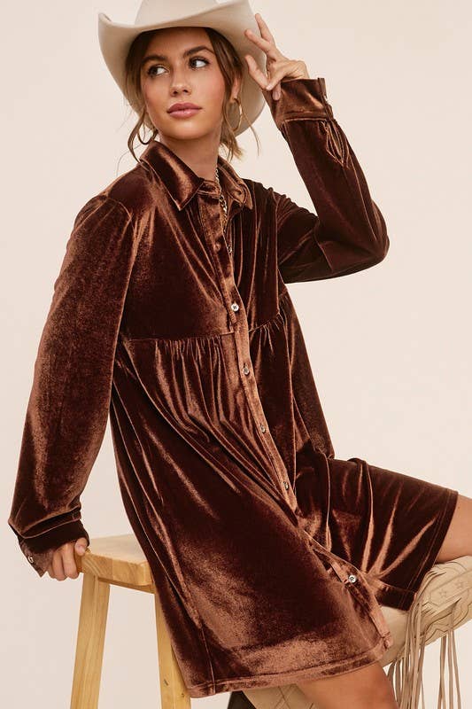 Velvety Long Sleeve Button Dress: Smoked Topaz