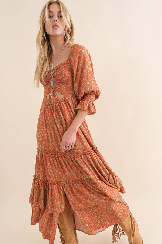 Cinch Front Rust Ruffle Maxi Dress