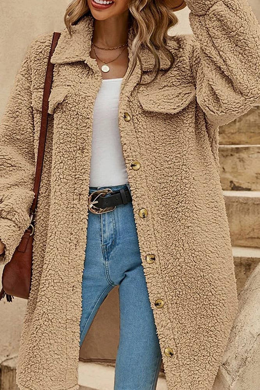 Plain Button Up Sherpa Jacket: Camel